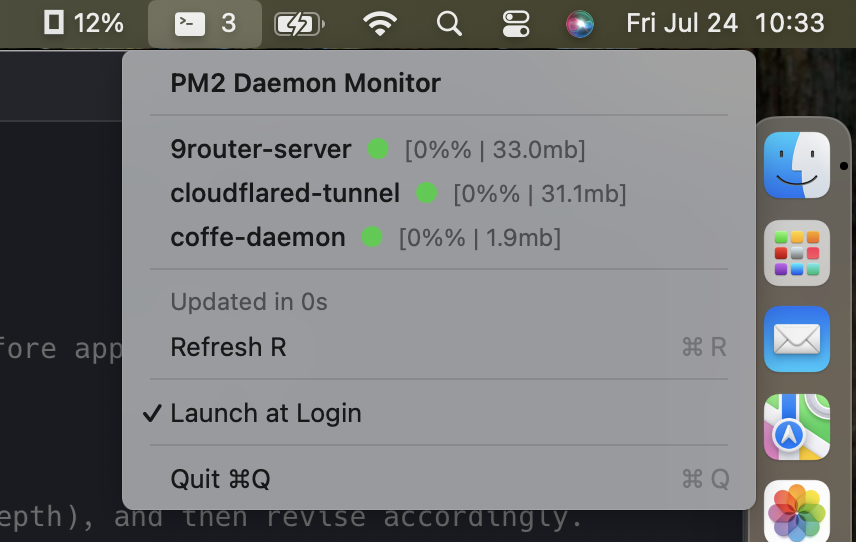 PM2Bar menu bar dropdown